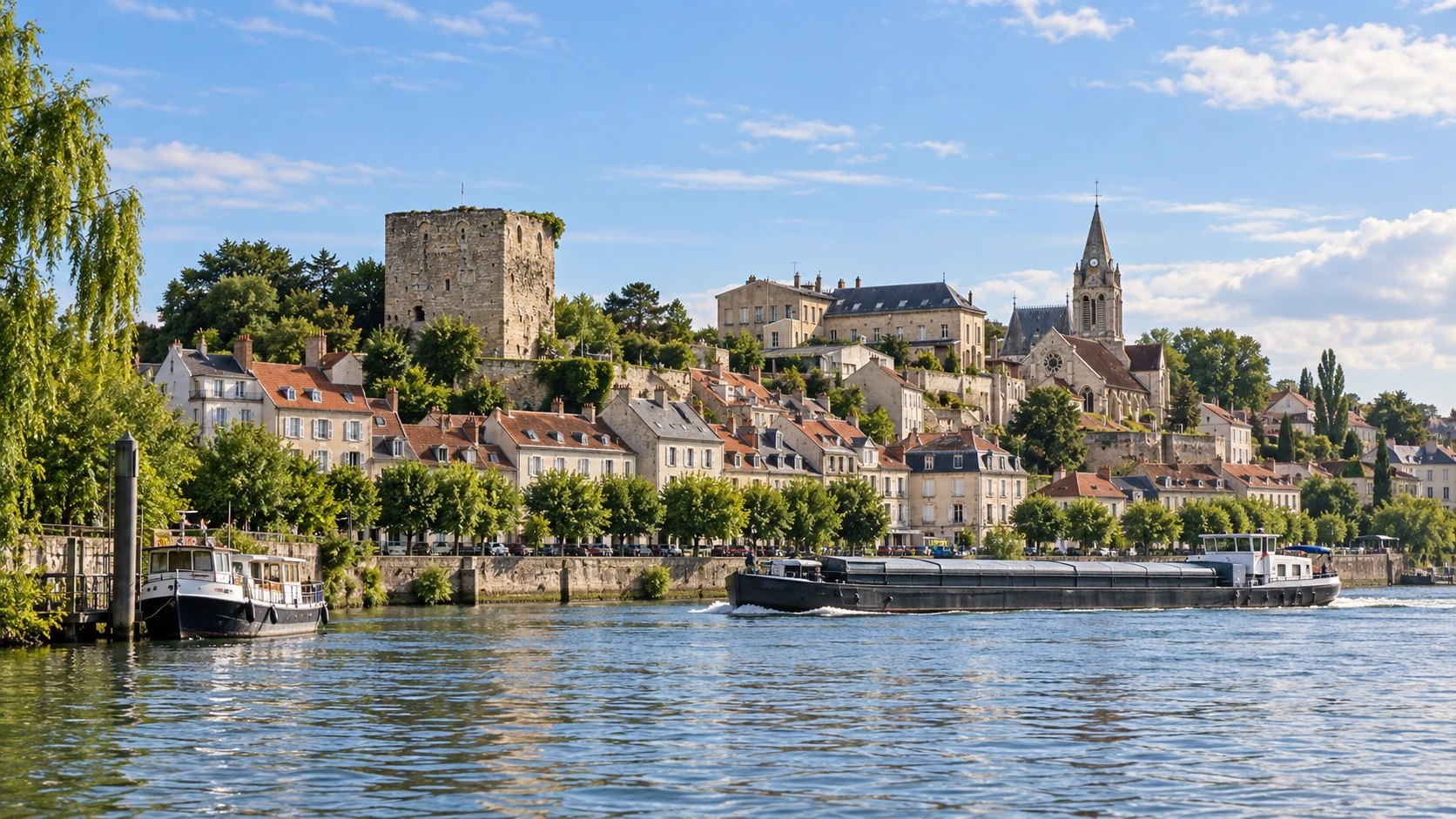 Conflans-Sainte-Honorine vue depuis la Seine : la tour Montjoie, l'église Saint-Maclou et les péniches le long du quai