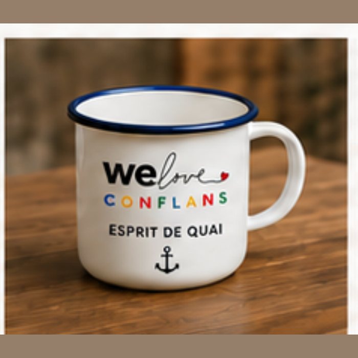 Mug émaillé Esprit de quai — blanc liseré bleu